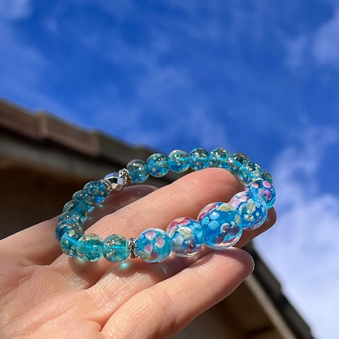 ARTSY Crafts Lily Garden Glow in the Dark Firefly Bead Bracelets Necklaces, Handmade in USA Murano Glass Jewelry, Flower Luminous Beads Mermaid Crystal Bracelet Bangle