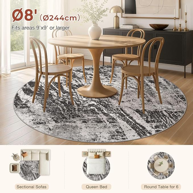 DMOYEST 8ft Round Washable Area Rug for Living Room: Modern Abstract Neutral Circle Carpet, 8x8 Soft Low Pile Non-Slip Floor Mat for Bedroom Under Dining Table, Kids & Pet - Black