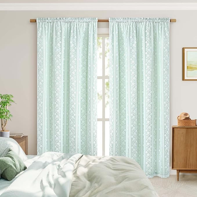 ASPMIZ Linen Curtains for Bedroom Double Layer Curtain 63 Inch Length 2 Panels, Farmhouse Rod Pocket Drapes with Tiebacks, Light Filtering Window Treatment for Living Room, 52 x 63 Inch, Mint Green