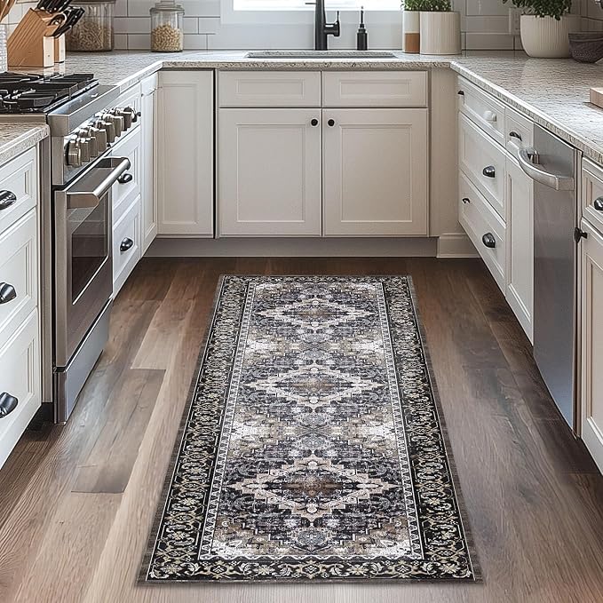 Lessymo 2 x 6 Runner Rug,Machine Washable Area Rugs Boho Faux Wool Low Pile Area Rug for Bedroom, Floral Medallion Vintage Rugs with Non-Slip Rubber,Black Brown