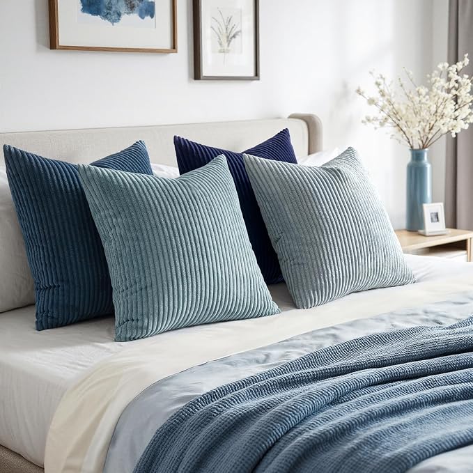 EMEMA Coastal Blue Decorative Throw Pillow Covers 20x20 Inch Set of 4 Boho Farmhouse Corduroy Striped Square Pillow Case,Western Modern Cushion Covers for Couch Bed Livingroom Home Decor