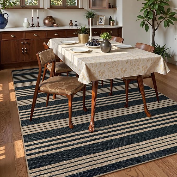 Lahome Striped Easy Jute Living Room Rug, 6x9 Outdoor Area Rugs Washable | Porch Patio Rug Black, Modern Farmhouse Neutral Non Slip Stain Resistance Indoor Carpet for Dining Under Table Mudroom