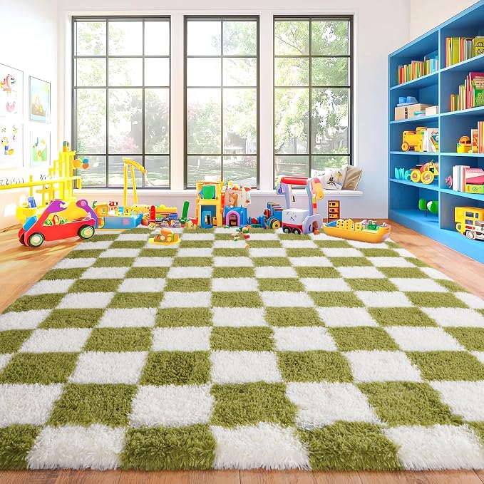 Pionblank 8x10 Area Rugs for Living Room, Fluffy Plush Checkered Rug for Bedroom, Shag Non Slip Soft Furry Large Carpet for Kids Room Nursery Home Decor, Grass Green and White