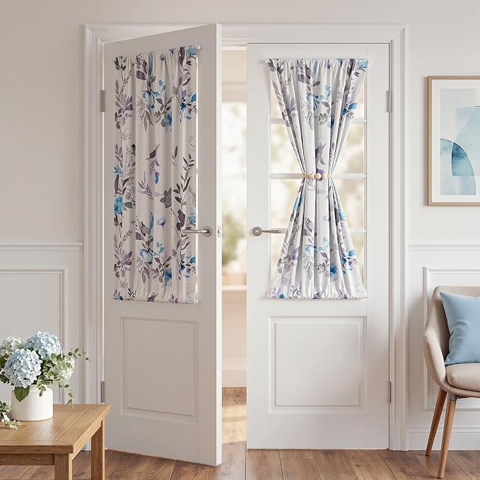 MYSKY HOME Floral French Door Curtains 40 inch Long Set of 2 Blackout Privacy Sidelight Door Window Drapes with Rod Pocket, Blue, 24" W Each Panel