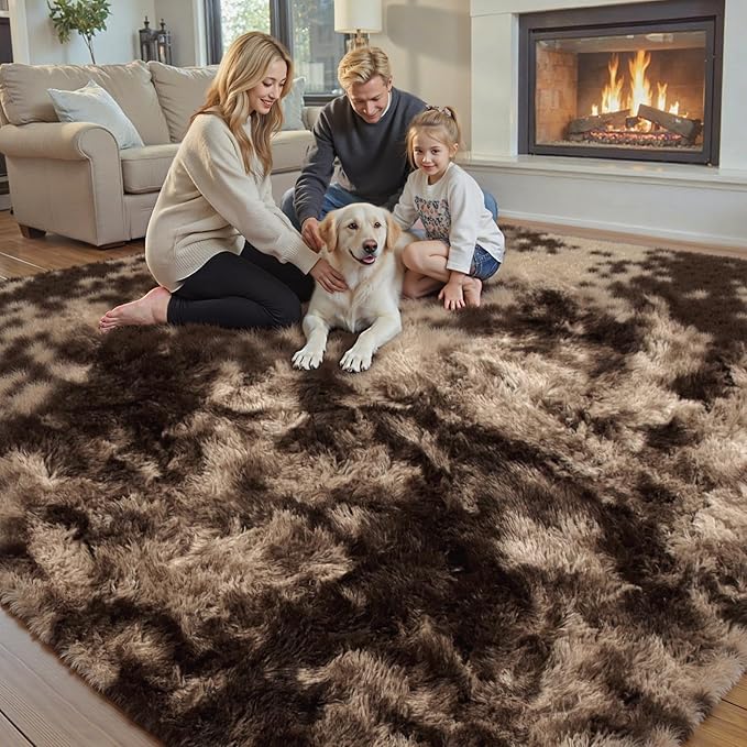 Area Rugs 10x14 Living Room, Shaggy Carpet Soft Plush Furry Bedside Rug Large Area Rugs for Bedroom Home Decor Anti Slip(10 x 14, Dark Coffee Tie-Dyed)