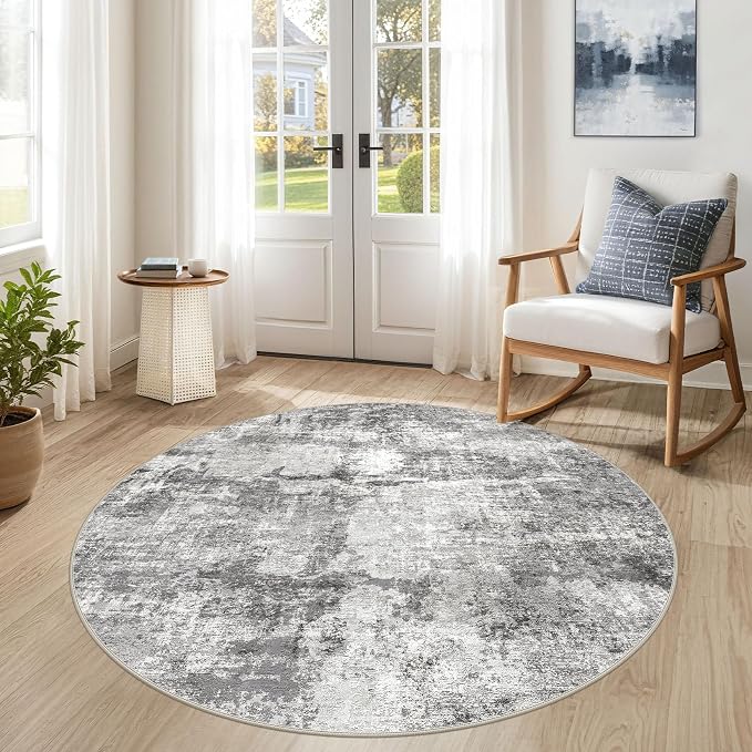 DMOYEST 5ft Round Area Rug for Living Room - 5x5 Washable & Non Slip Circle Rug, Kid & Pet Friendly Soft Low Pile Abstract Carpet for Bedroom and Dining Room - Grey