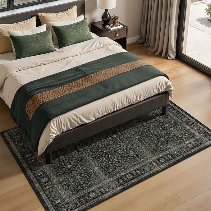 Dark Teal Rugs for Living Room 6x9, Vintage Dining Room Rugs for Under Table, Washable Low Plie Carpet Rug for Bedroom, Non Slip Moroccan Floral Trellis Rug for Home Office, Green Brown Accents