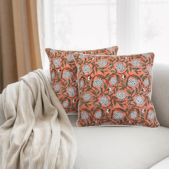 Ridhi Block Print Dark Salmon Pink Pillow Cover 16" x 16" (Pack of 2) Decorative Couch Pillows for Living Room, Chic Boho Cute Outdoor Pillows Covers Gifts for Spring, Easter and Valentine