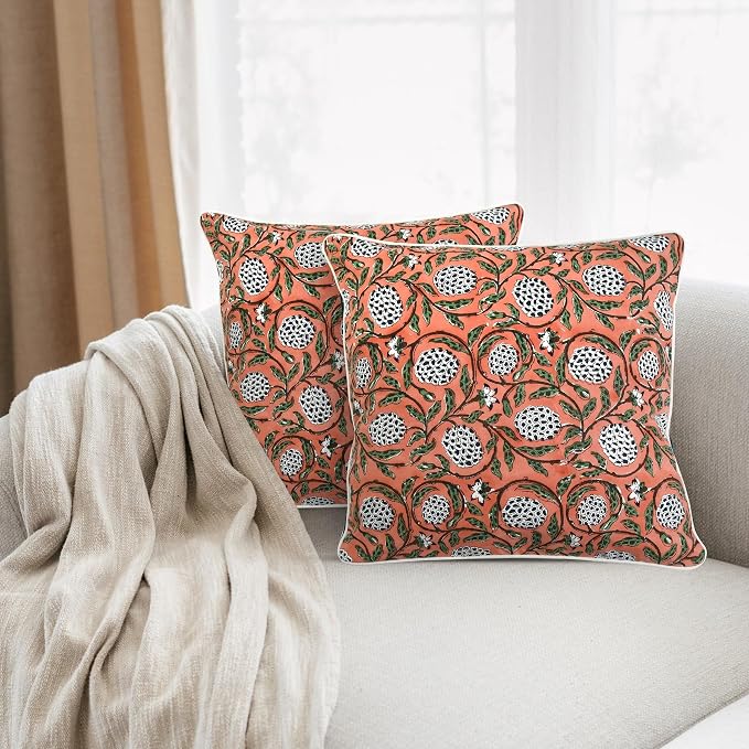 Ridhi Block Print Dark Salmon Pink Pillow Cover 18" x 18" (Pack of 2) Decorative Couch Pillows for Living Room, Chic Boho Cute Outdoor Pillows Covers Gifts for Spring, Easter and Valentine
