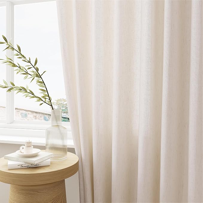 Pinch Pleated Linen 102 Inch Curtains 72 Inch Width Cream Semi Sheer | Light Filtering, Extra Wide, Floor to Ceiling Curtain, for Balcony Patio Sliding Door Living Room Picture Window, 72x102