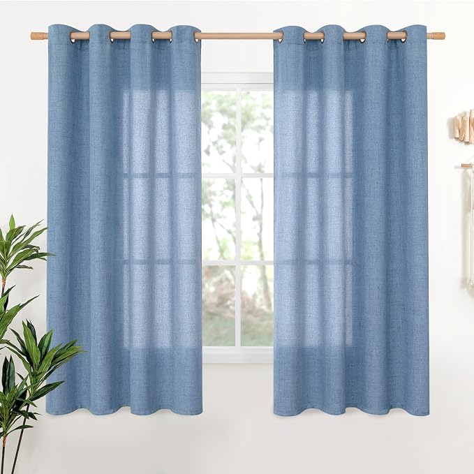 YoungsTex Blue Linen Curtains 68 Inch Length 2 Panels with Grommet | Light Filtering Drapes Semi Sheer Textured Privacy for Bedroom Living Room Window, 52 x 68 Inch
