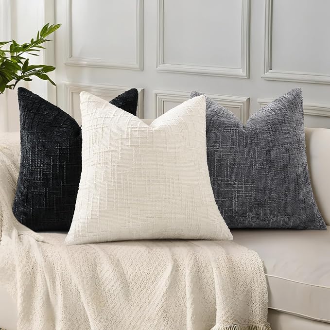 decorUhome Textured Chenille Throw Pillow Covers 20x20 Set of 2 Black | Fall Modern Farmhouse Soft Cozy Slubby Couch Pillow Cases Boho Decorative Pillow Cases for Bed Sofa Living Room Home Decor