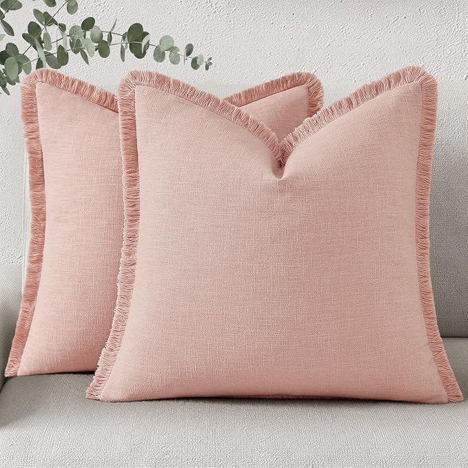 decorUhome Linen Fringe Pink Throw Pillow Covers 22x22 Set of 2 | Euro Sham Decorative Soft Accent Modern Boho Farmhouse Cushion Covers with Tassels Cotton Pillow Covers for Couch Bed Sofa
