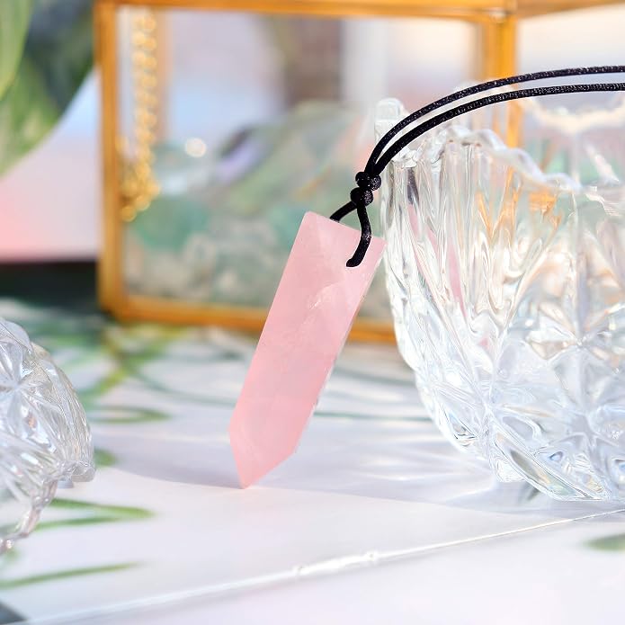 Runyangshi Healing Crystal Pendants, Single Pointed Natural Crystal Quartz Necklace 6 Faceted Chakra Crystal Wand Stone Reiki Energy