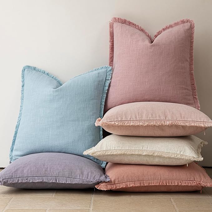 Foindtower Set of 2 Decorative Linen Fringe Throw Pillow Covers Cozy Boho Farmhouse Cushion Cover with Tassels Soft Accent Pillowcase for Couch Sofa Bed Living Room Home Decor,26×26 Inch,Rose Pink