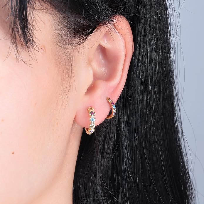CiNily Small Hoop Earrings for Women Girls Flower Cubic Zirconia Huggie Earrings Hypoallergenic 14K Yellow Gold Plated Cartilage Earrings