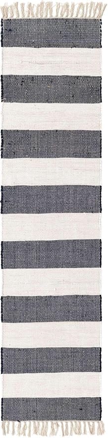 Unique Loom Chindi Rag Collection Area Rug - Striped (2' 2" x 8' Runner, Navy Blue/ Ivory)