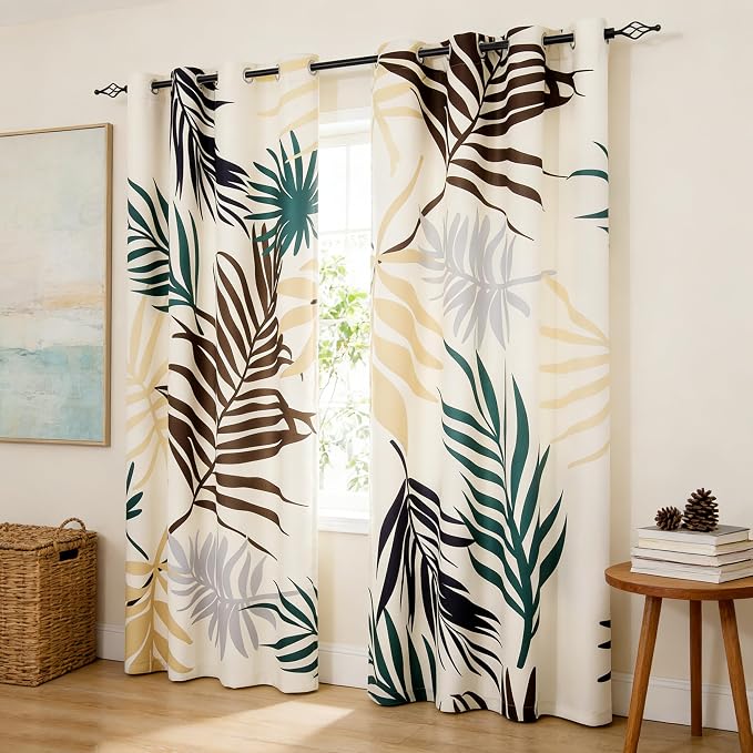 SUBRTEX Boho Leaf Printed Curtains 95 inch Long 2 Panels, Room Darkening Vibrant Floral Drapes, 50% Blackout Light Flitering, Semi Sheer Farmhouse Curtains for Living Room, 52Wx95L, Yellow Leaf