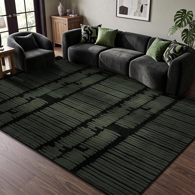 YIHOUSE Abstract 6x9 Area Rug Olive Green: Washable Geometric Rug | Modern, Textured High Low Pile, Fluffy Soft, Striped Carpet for Living Room, Bedroom, Dining Room, Home Office Decor