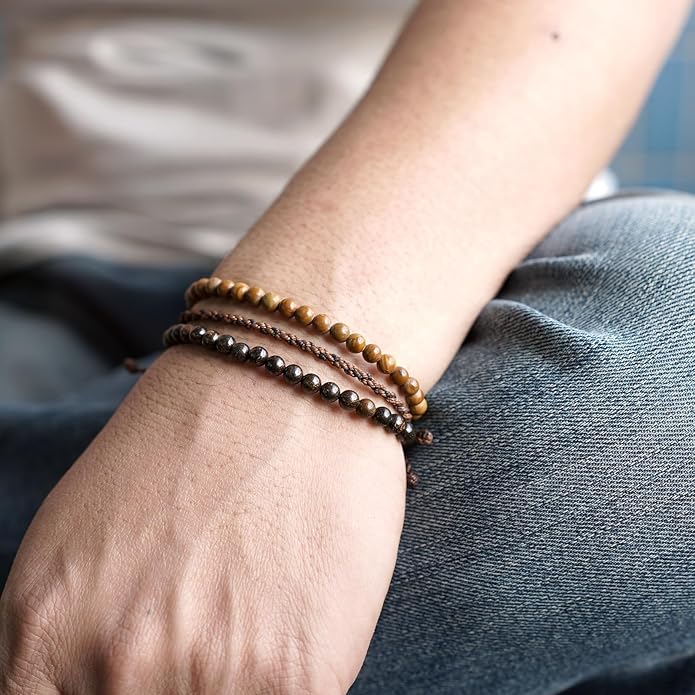 Mezcla Vida 3 Pcs Handmade Natural Gemstone Beaded Bracelet, Adjustable Waterproof Rope Bracelet Set, Valentines Day Birthday Gifts for Boyfriend Husband Him
