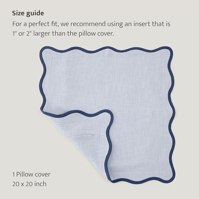Double Stitch Scalloped Throw Pillow Covers - 100% Cotton Decorative Boho Pillow Covers 20 x 20, Made in India, Square Cushion Case, Modern Home Decor for Couch Sofa Living Room, Arctic Blue