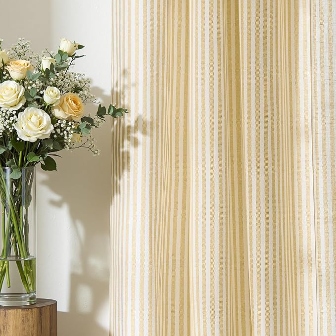 jinchan Linen Curtains 63 inch Yellow Stripe on White Grommet 2 Panels | Curtains for Living Room Bedroom,Ticking Vertical Stripe Pattern,Modern Farmhouse Drapes, Window Treatment,Light Filtering