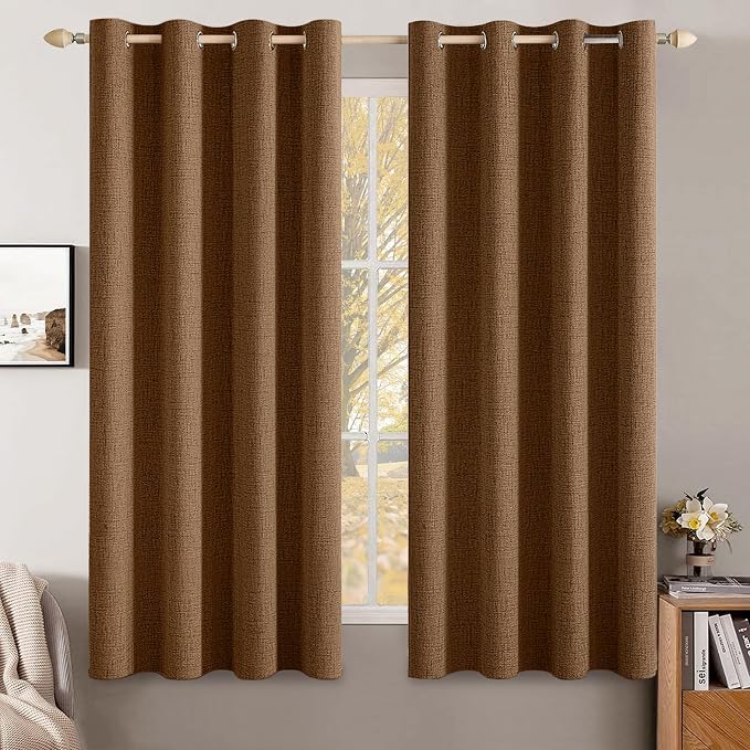 MIULEE Linen Curtains for Bedroom 100% Blackout Thermal Insulated Brown Grommet Room Darkening Curtains & Drapes Fall Decor for Living Room 52 x 63 Inch (2 Panels)