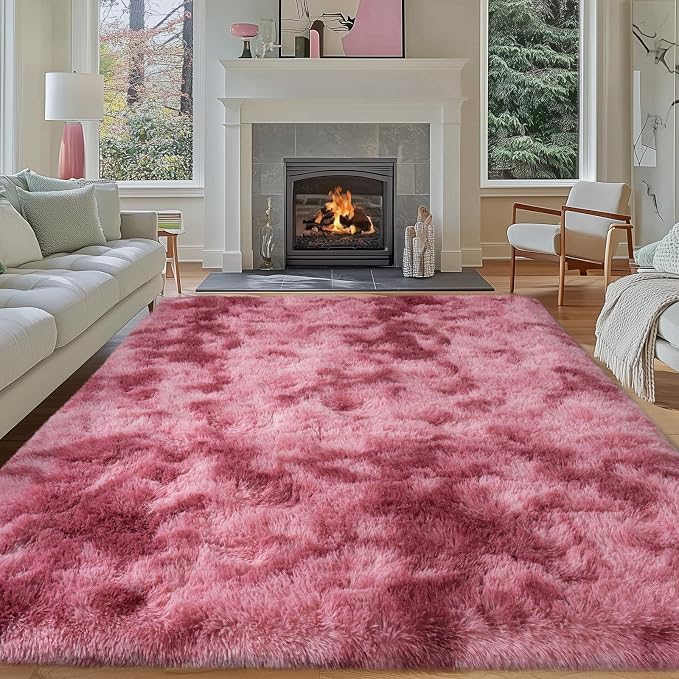 Dssimo 8x10 Area Rugs for Living Room, Pink Tie-Dyed Plush Fluffy Carpet | Upgrade Non-Slip Thick Large Rose Shag Rugs for Nursery Kids Room Dorm Room Home Decor, Indoor Plush Floor Carpet