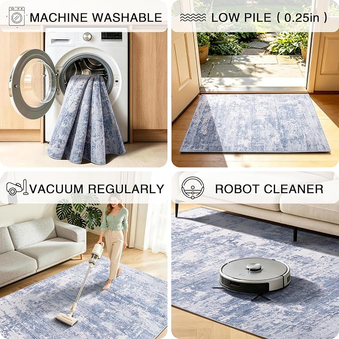 6x9 Area Rugs Living Room Rug Abstract Washable Rug Non-Slip Soft Low Pile Indoor Floor Stain Resistant Thin Carpet for Bedroom Dining Room Home Office Farmhouse Nursery - Teal & Sage Green 6' x 9'