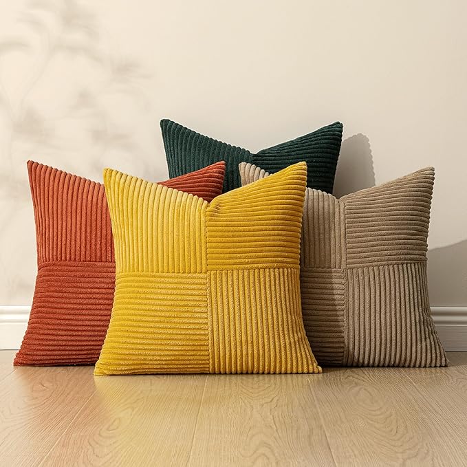 MIULEE Fall Green Rust Throw Pillow Covers 20x20 Inch Set of 4 Boho Farmhouse Soft Corduroy Striped Cushion Cases Decorative Color-Clash Home Decor for Couch Sofa Living Room Bed