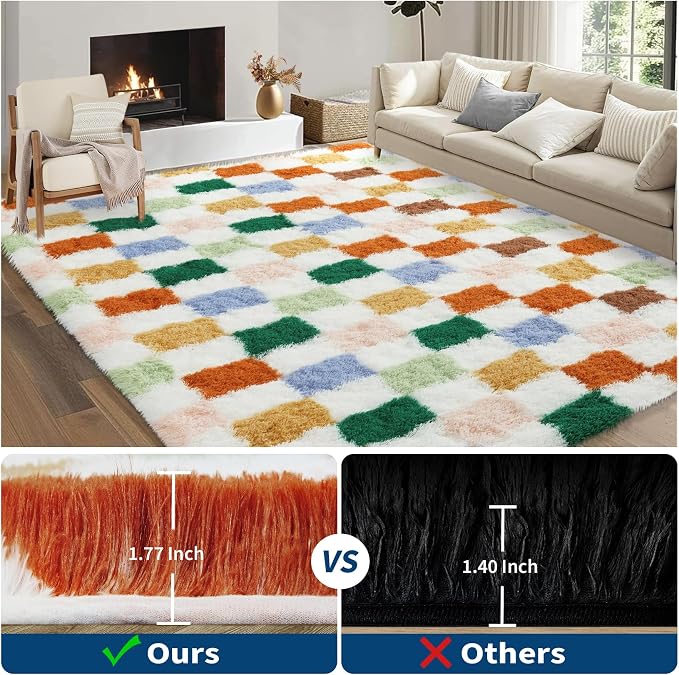 Garvee Washable Checkered Rug 5x8 Plush Fuzzy Rugs for Bedroom Thick Shaggy Rug Clearance, Colorful Modern Shag Rug Super Soft Indoor Fuzzy Carpet Non-Slip Plush Rugs for Dorm Home Aesthetic Decor
