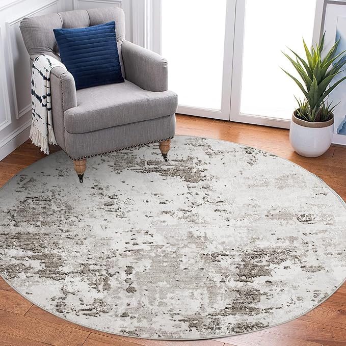 ROYHOME Modern Abstract 8x8 Round Area Rug Non Slip Non Shedding Rug Low Pile Stain Resistant for Bedroom Living Room Office Dining Room,Taupe/Beige