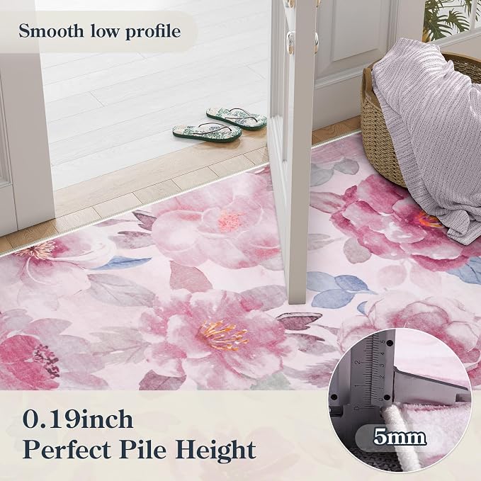 Lahome Floral Living Room Rug 5x7 Rug Machine Washable,Pink Rugs for Bedroom Girl Boho Area Rug Non Slip Vintage Low Pile Large Throw Carpet Rug for ‎Dining Room Office（5x7,Pink