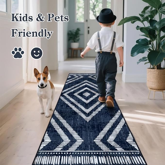 Boho Runner Rugs for Hallway 2x6ft Non Slip, Navy Blue Washable Kitchen Rug Runner, Soft Moroccan Low Pile Geometric Farmhouse Laundry Floor Carpet for Entryway Bedroom Bathroom
