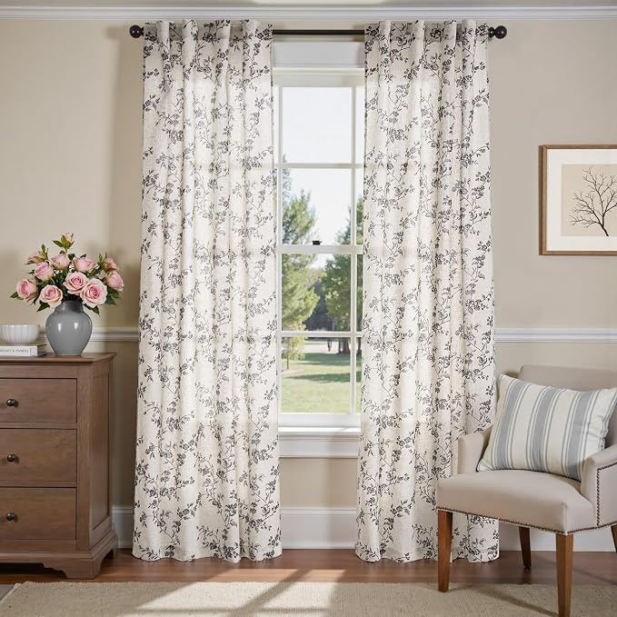 jinchan Black Floral Linen Curtains 84 Inch Rustic Drapes Back Tab 2 Panels | Black on beige, light filtering, semi sheer, farmhouse, country, privacy, flower, bedroom, living room, window treatment