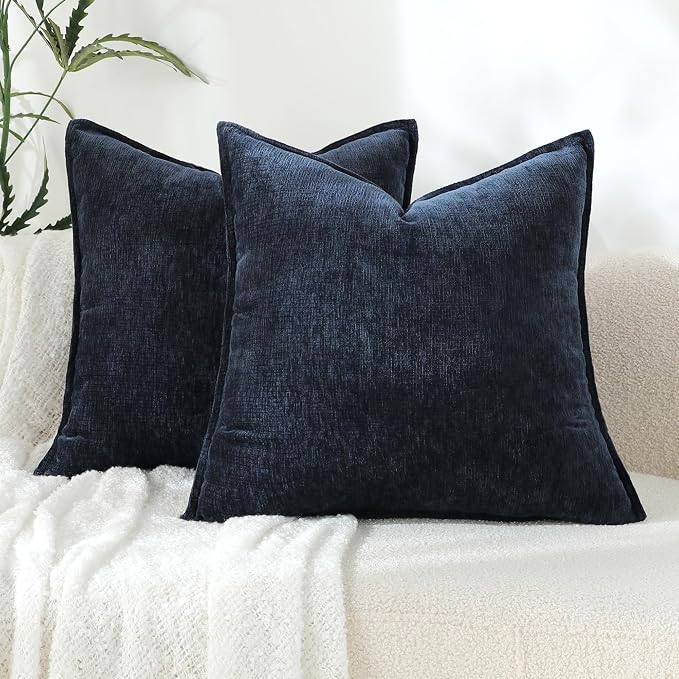 Stellhome Soft Decorative Chenille Pillow Covers 18x18 Inch Natural Navy Blue Boho Farmhouse Neutral Couch Throw Pillows for Bed Sofa Livingroom Pack of 2 Accent Modern Pillowcase Home Decor
