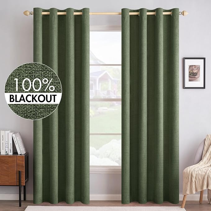 MIULEE 100% Blackout Linen Textured Curtains for Bedroom Solid Thermal Insulated Olive Green Grommet Room Darkening Curtains & Drapes Luxury Decor for Living Room 52 x 84 Inch (2 Panels)
