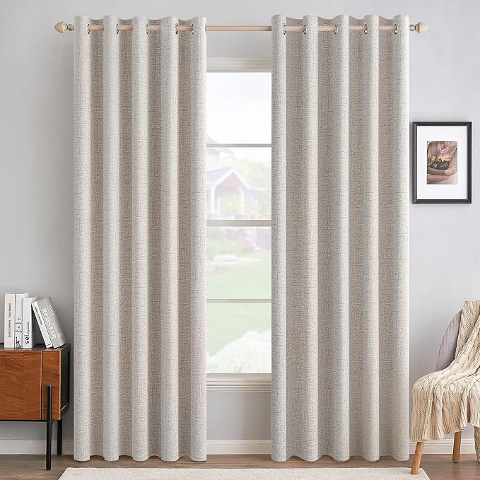 MIULEE 100% Blackout Linen Textured Curtains for Bedroom Solid Thermal Insulated Ivory Grommet Room Darkening Curtains & Drapes Luxury Decor for Living Room 62 x 96 Inch (2 Panels)