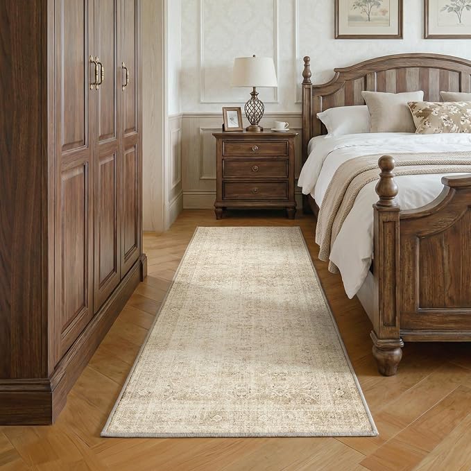 Fmfunctex 2x5 Washable Runner Rug Beige Neutral Vintage Distressed Oriental Traditional Non Slip Low Pile Indoor Carpet Retro Hallway Entryway Rug for Kitchen Living Room Bedroom Laundry Entry Bedside