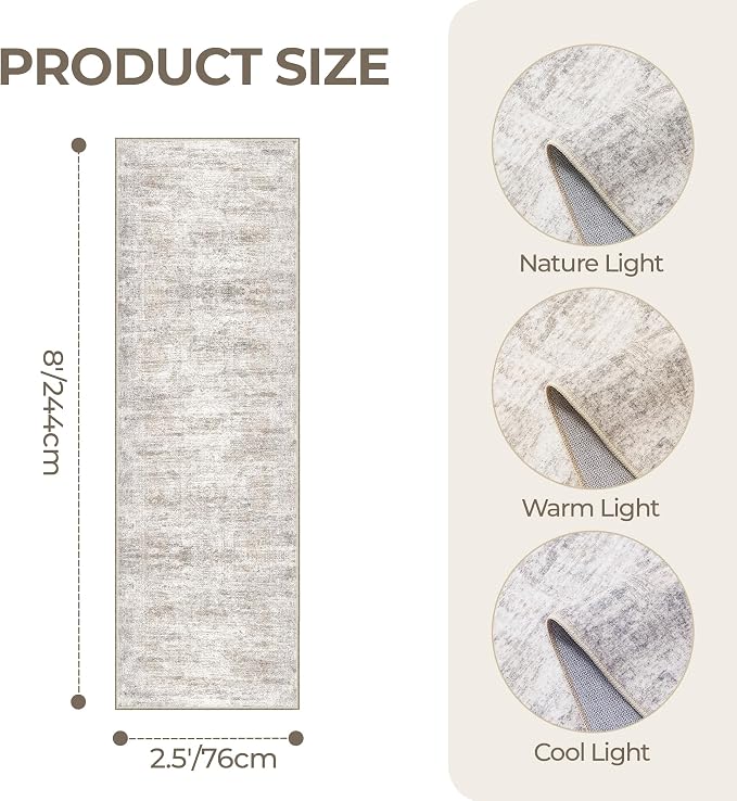 2'6 x 8' Runner Rug Non Slip,Washable Kitchen Rugs,Taupe | Neutral Rugs for Kitchen,Entryway,Bedroom,Bathroom,Nursery Room,Thin,Soft Runner Rug,Stain Resistant Indoor Carpet