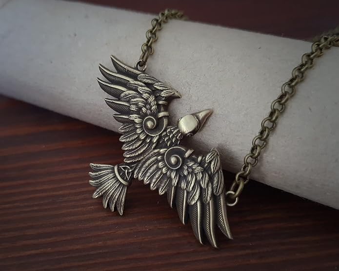 Baldur Jewelry - Viking Raven Crow Bird Necklace - Celtic Norse Odin Bird Raven Hugin Munin Pendant Necklace - Raven Wings Necklace - Raven Jewelry - Raven Skull Pendant - Raven Gifts