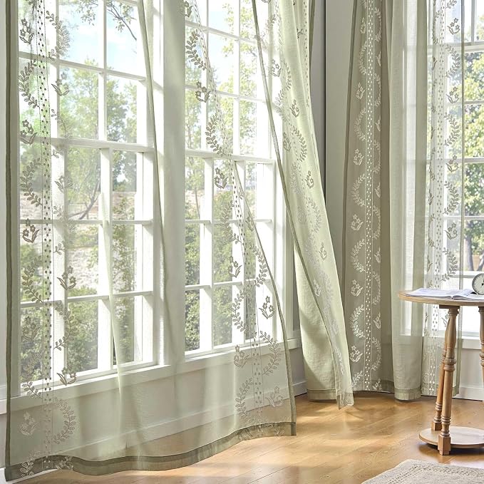 jinchan Belrose Sage Green Floral Sheer Curtains for Living Room 96 Inch Long Voile Embroidered Farmhouse Curtains for Bedroom Ivory Flower Patterned Rod Pocket Window Treatments, 2 Panels Green