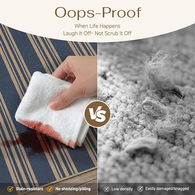 PureCozy Outdoor Rug 8x10 Washable Striped Jute Look Non Slip Carpet | Blue Stripe Farmhouse Style, Indoor Outdoor Area Rugs for Patio, Living Room, Dining Room, Non Shedding, Neutral Rug