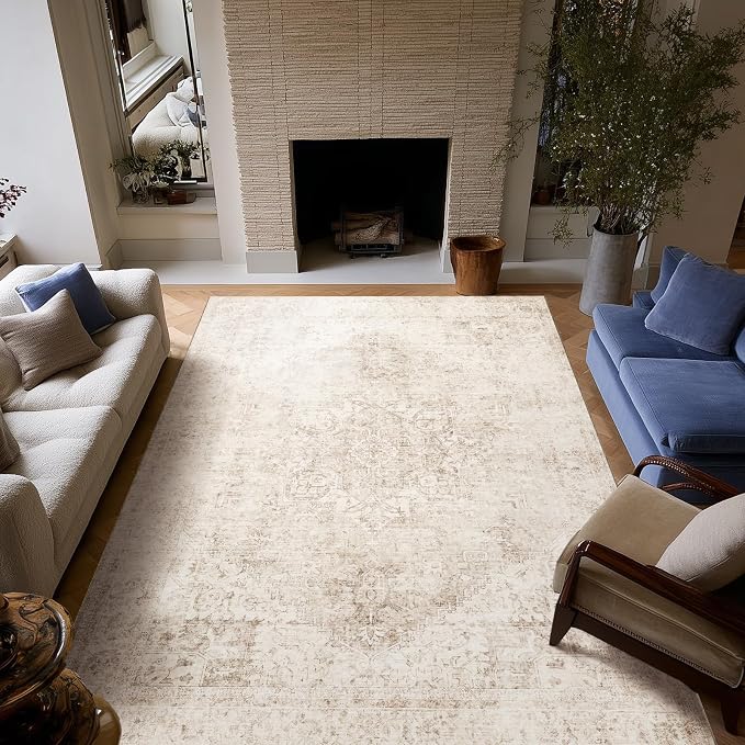 Machine Washable Rugs for Living Room: 6x9 Area Rugs for Bedroom Ultra Soft Non-Slip Low Pile Vintage Distress Boho Large Carpet for High-Traffic Dining Room - Farmhouse Decor