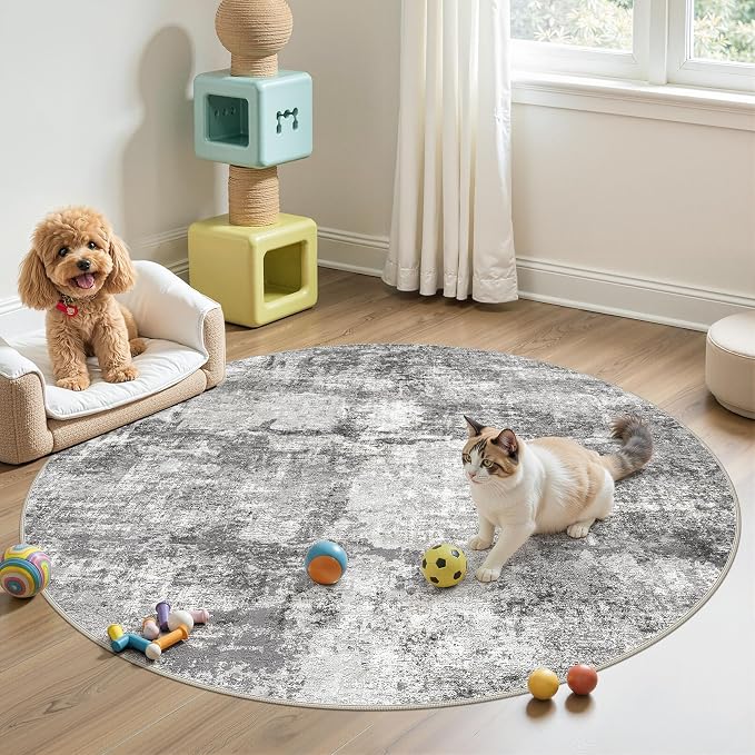 DMOYEST 5ft Round Area Rug for Living Room - 5x5 Washable & Non Slip Circle Rug, Kid & Pet Friendly Soft Low Pile Abstract Carpet for Bedroom and Dining Room - Grey
