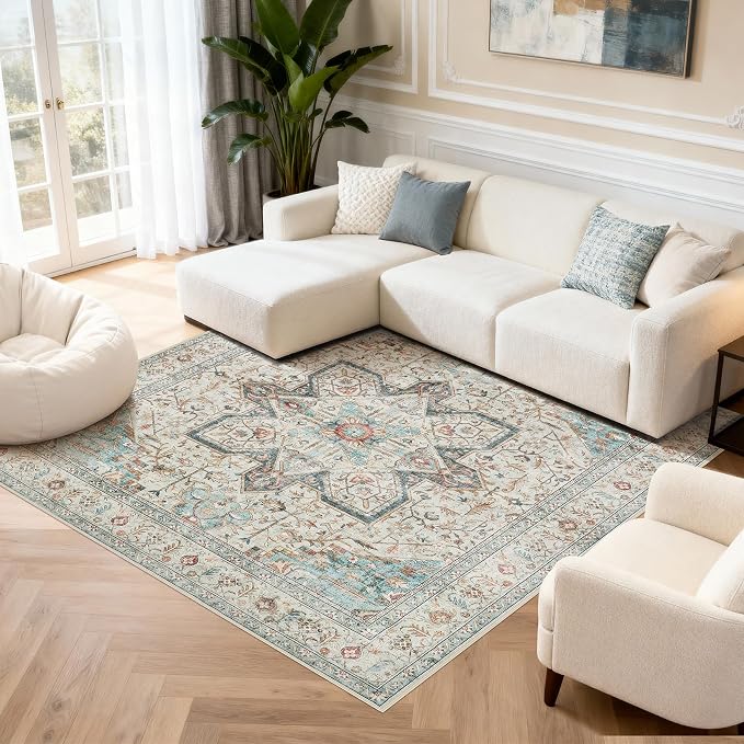Tortania 8' Square Area Rug Living Room Rugs - Washable Boho Rug Vintage Oriental Distressed Farmhouse Large Thin Indoor Carpet for Bedroom Under Dining Table Home Office - Aqua Multi