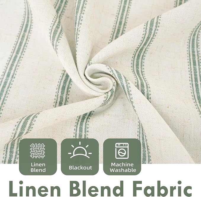 DriftAway Farmhouse Stripe Blackout Curtains, Grommet, W52xL90, Loden Green | Blackout, Linen Texture, Stripe Pattern, Rod Pocket & Back Tab, Two Layers, Bedroom Living Room Use, Sound Reducing Design