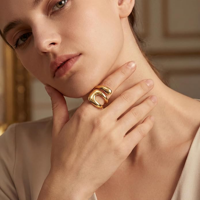 Gelbesty Waterproof Gold Statement Rings for Women, 14K Gold Plated Chunky Open Stackable Rings Non Tarnish Fashion Adjustable Stainless Steel Pinky Knuckle Signet Vintage Ring Jewelry Size 5-11