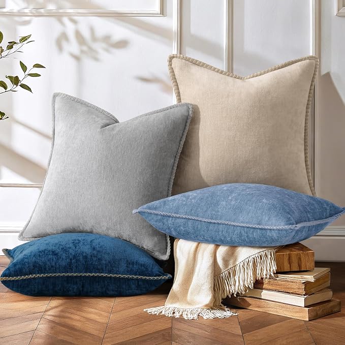 decorUhome Fall Soft Decorative Chenille Throw Pillow Covers 16x16 Set of 4 | Beige Blue Cozy Decorative Modern Farmhouse Neutral Pillow Cases with Stitched Edge for Couch Sofa Bed Living Room Home Decor