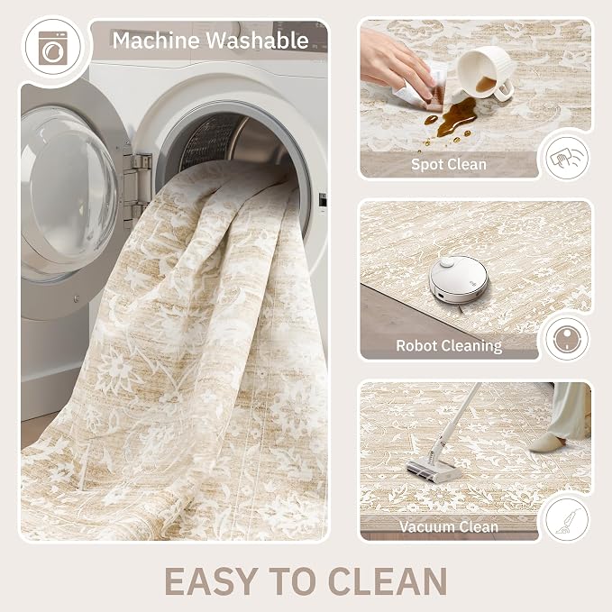 Soalmost Area Rugs 4x6 for Living Room, Washable Neutral Soft Rugs Beige | Floral Vintage Non-Slip Throw Carpet for Dining Room, Entryway, Kitchen, Farmhouse 4'x6'